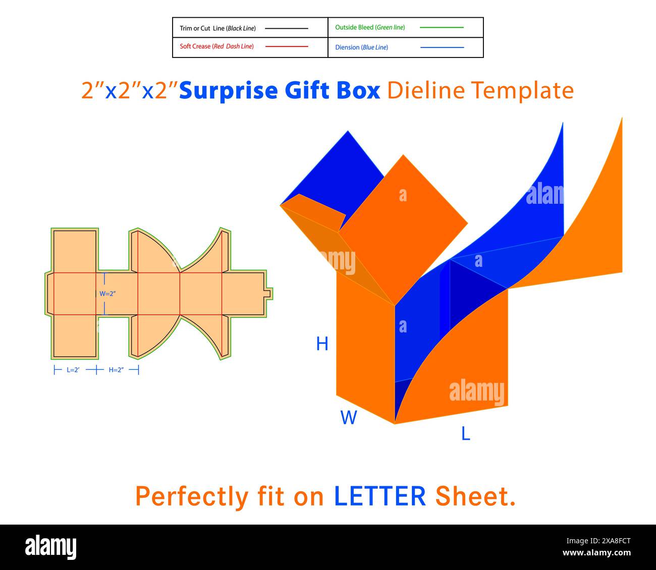 Geschenkbox für Überraschung L 2 x B 2 x H 2 Zoll Dieline Vorlage. Eine Kiste ist ein Behälter mit dreidimensionaler Struktur, der zum Aufbewahren, Schützen und Transportieren verwendet wird Stock Vektor