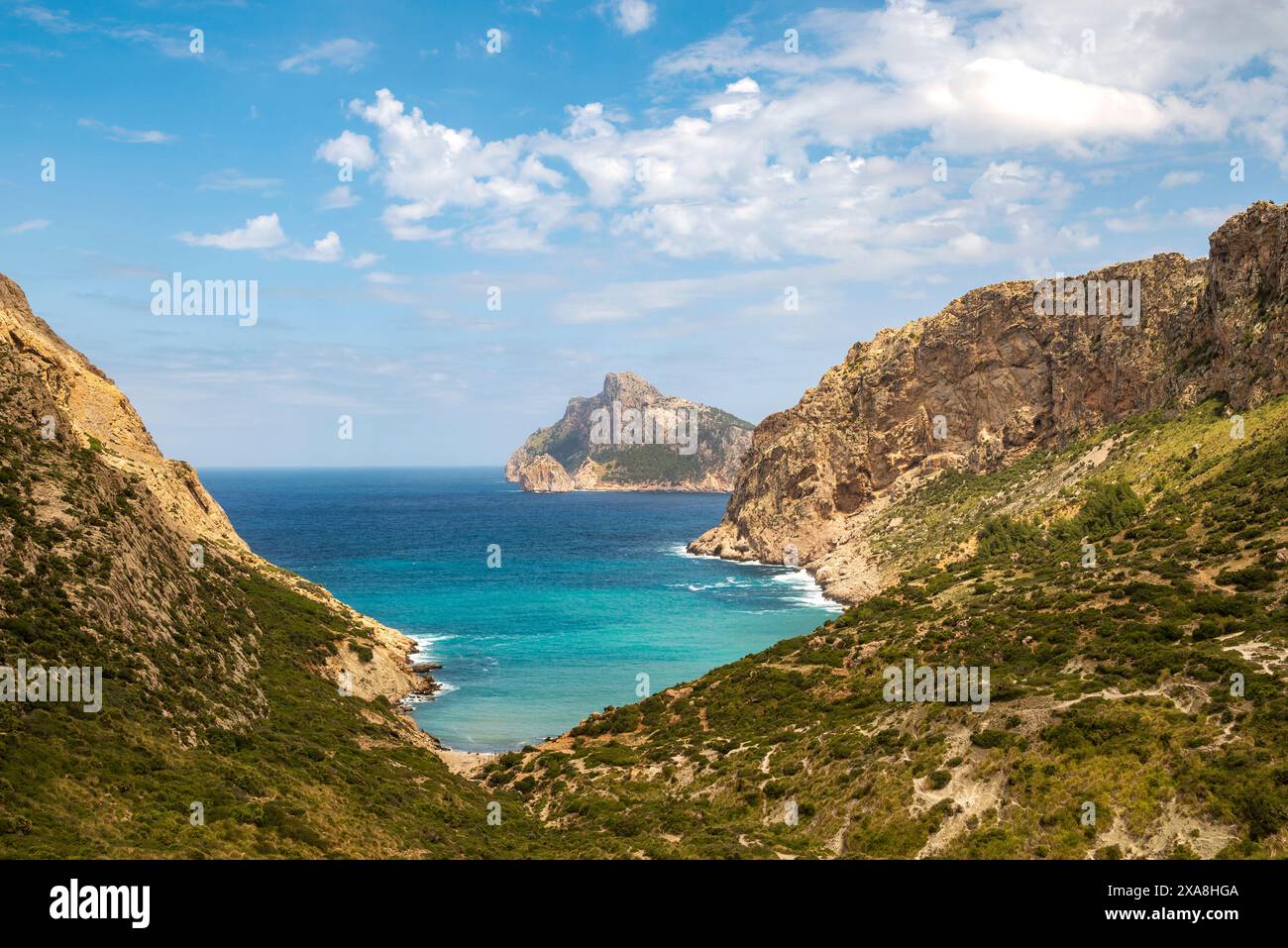 Cala Boquer Strand wunderschöner Blick vom Colls del Moro Berg, Cap de Formentor Halbinsel, Mallorca, Balearen, Spanien Stockfoto