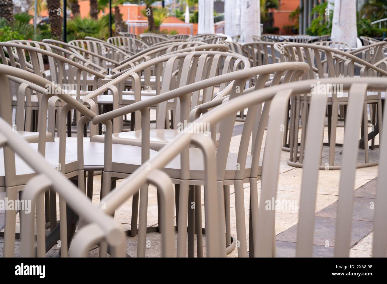 Eine Reihe von Stühlen ist in einem Restaurant leer. Die Stühle haben alle die gleiche Farbe und sind in einer ordentlichen Reihe angeordnet. Die Stühle sind in die gleiche Richtung gerichtet. Stockfoto