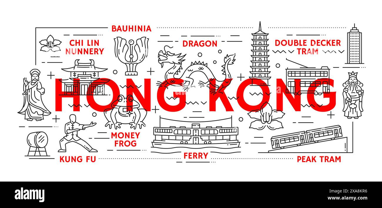 Reise nach Hongkong. Vektorsymbole für kulturelle und architektonische Wahrzeichen. Chi lin Nonnenkloster, Drache, bauhinia, Doppeldecker- und Peak-Straßenbahnen, Fähre, Geldfrosch, Kung-Fu-Schilder in rotem und schwarzem Linearstil Stock Vektor
