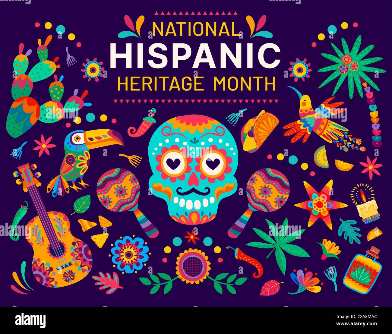 National Hispanic Heritage Month Banner mit Schädel, Gitarre und Maracas, Vektor Ornament Muster. Lateinamerikanische Hispanic Heritage Festival Hintergrund mit Pinata, Kakteen, Tukan und Tequila Muster Stock Vektor