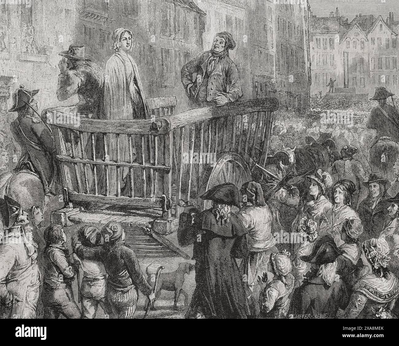 Charlotte Corday (Marie-Anne Charlotte de Corday d'Armont) (1768-1793). Französischer Revolutionär, Sympathisant der Girondins, die Jean-Paul Marat (1743–1793) am 13. Juli 1793 ermordet haben. Charlotte Corday wurde am 17. Juli 1793 zur Guillotine geführt. Zeichnung von Hippolyte de la Charlerie. Stich von Meyer-Heine. "Geschichte der Französischen Revolution". Band I, 1876. Stockfoto
