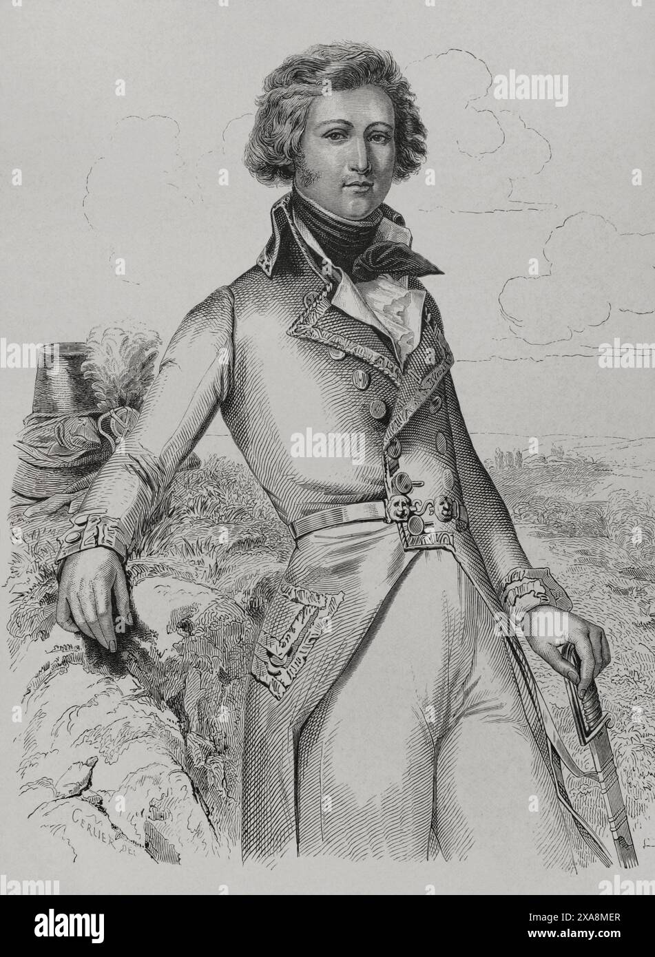 Louis Philippe I. von Frankreich (Louis-Philippe von Orleans) (1773–1850), Herzog von Chartres. König der Franzosen (1830–1848) Porträt des Herzogs von Chartres. Zeichnung von Cerlier. Gravur. "Geschichte der Französischen Revolution". Band I, 1876. Stockfoto