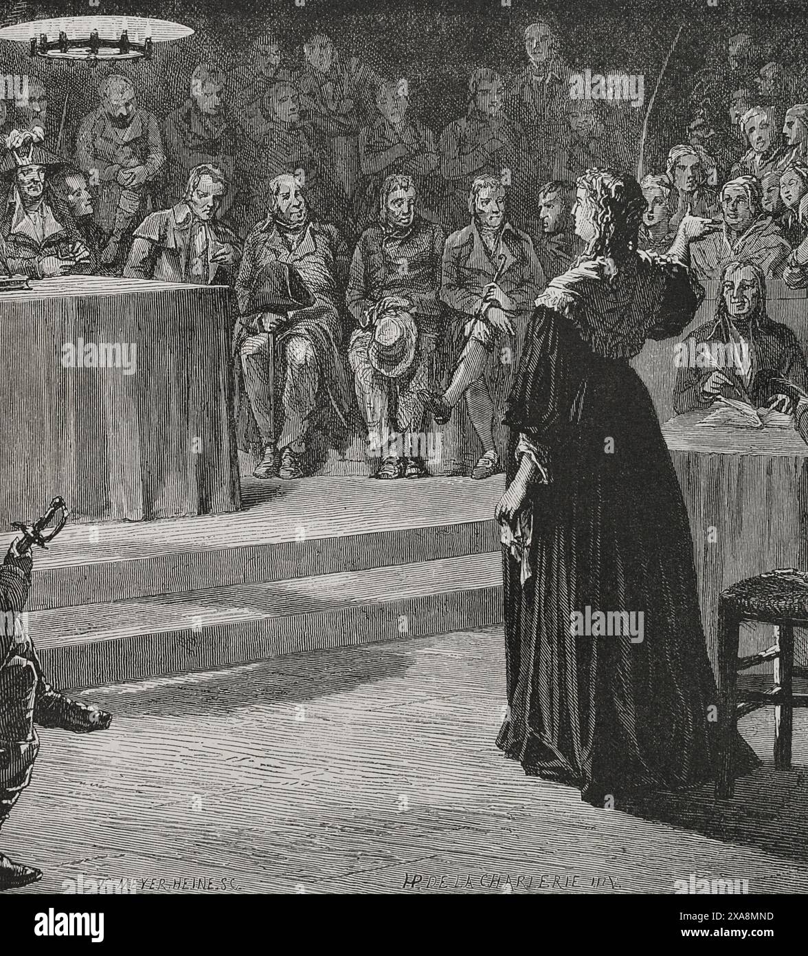 Marie Antoinette (1755-1793). Königin von Frankreich durch ihre Heirat mit Ludwig XVI. Von Frankreich. Marie-Antoinette stand 1793 vor dem Revolutionsgericht. Sie wurde am 16. Oktober 1793 zum Tode verurteilt. Zeichnung von Hippolyte de la Charlerie. Stich von Meyer-Heine. Details. "Geschichte der Französischen Revolution". Band I, 1876. Stockfoto