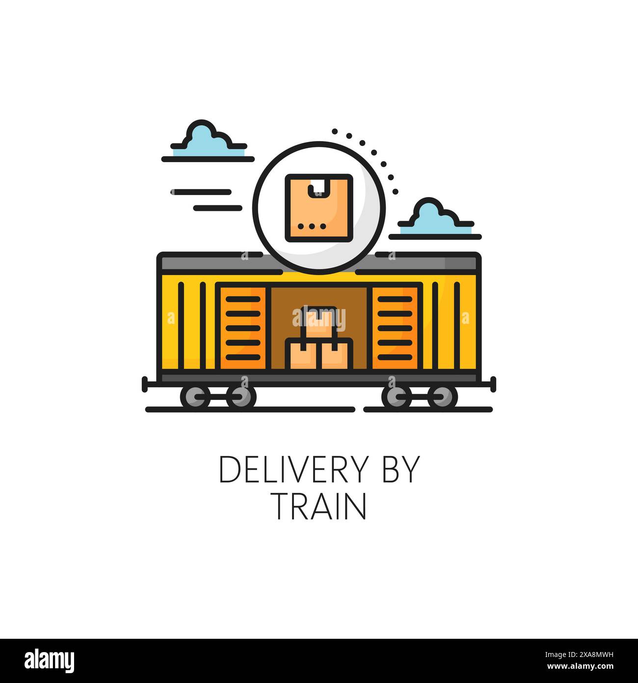 Farbzustellung per Zuglinie Symbol, Vektor globale Logistik, Fracht, Lieferung und Versand Service Transport. Güterwagen, Güterwagen oder Zug mit Umrisssymbol für Pakete, Kisten und Pakete Stock Vektor