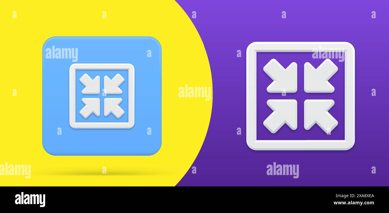 Vier diagonale Pfeile, die in die Mitte zeigen einfache 3D-Symbolschaltfläche setzen Vektorillustration. Richtungspfeil für Web-ui-Design skalieren. Größe des Emblems ändern, nar Stock Vektor