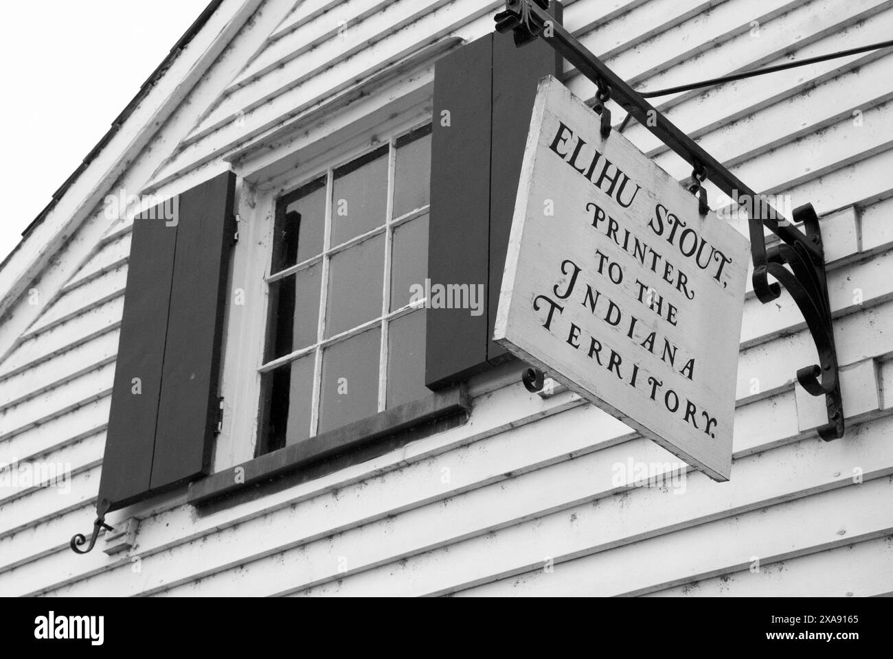 Elihu Stout Print Shop Schild in Vincennes, Indiana, USA. Stockfoto