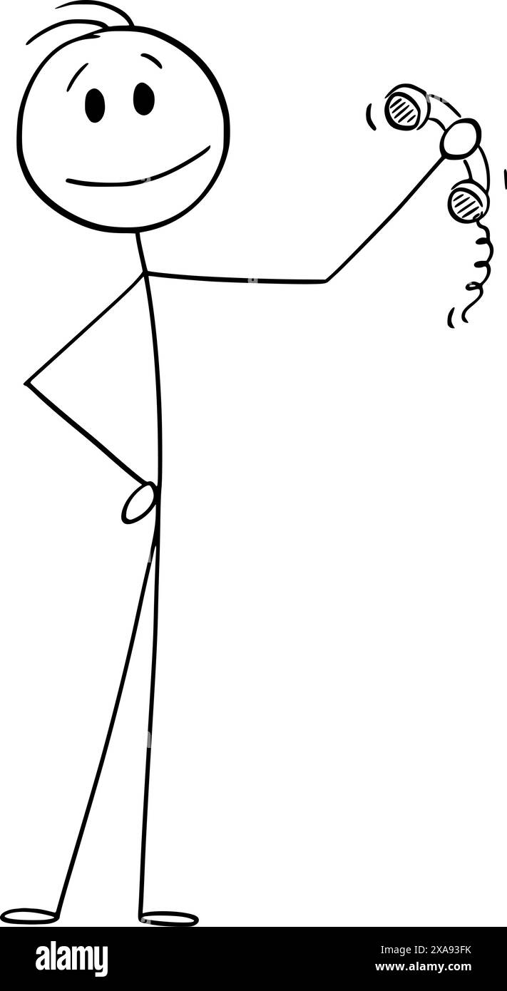 Person, die das Telefon hält und lächelt, ruft uns an oder kontaktiert uns, Vektor-Cartoon-Stabfigur oder Charakterillustration. Stock Vektor