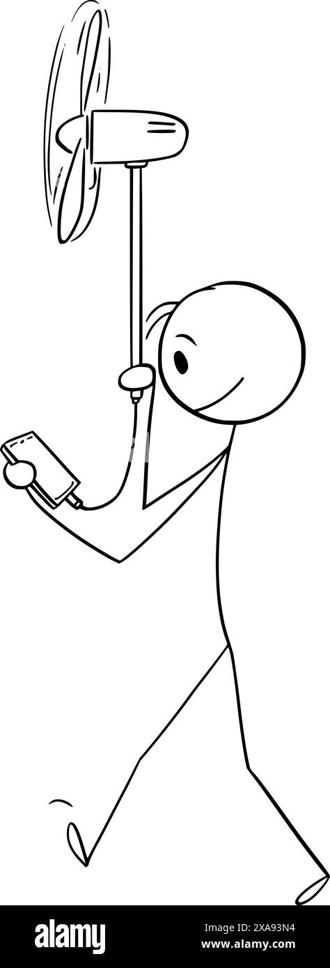 Person mit Mobiltelefon, das von tragbarer Windenergie, Vektor-Cartoon-Stabfigur oder Charakterillustration angetrieben wird. Stock Vektor