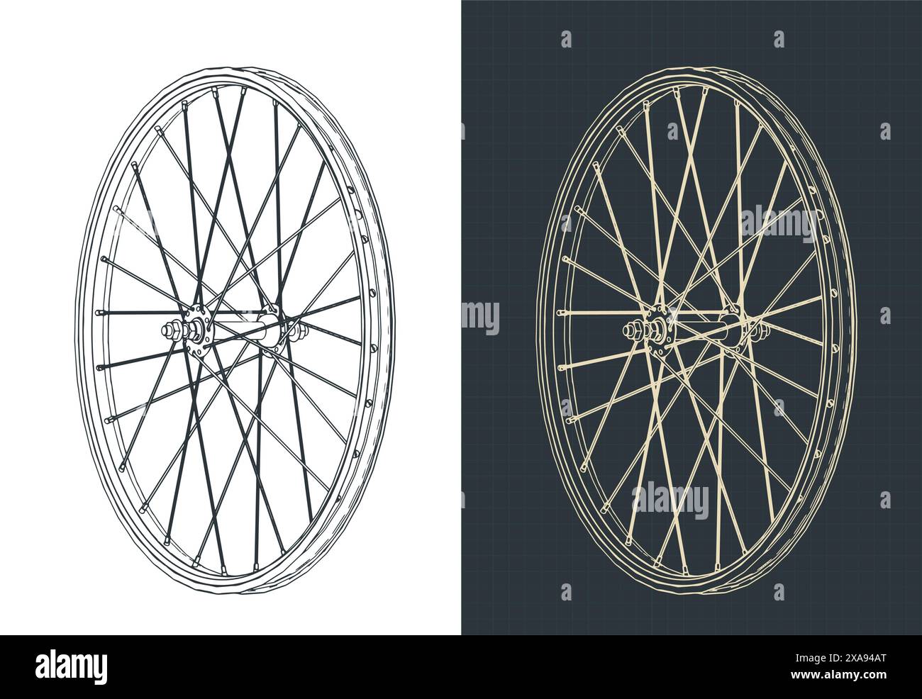 Stilisierte Vektorillustration isometrischer Blaupausen von Fahrradfelgen Stock Vektor