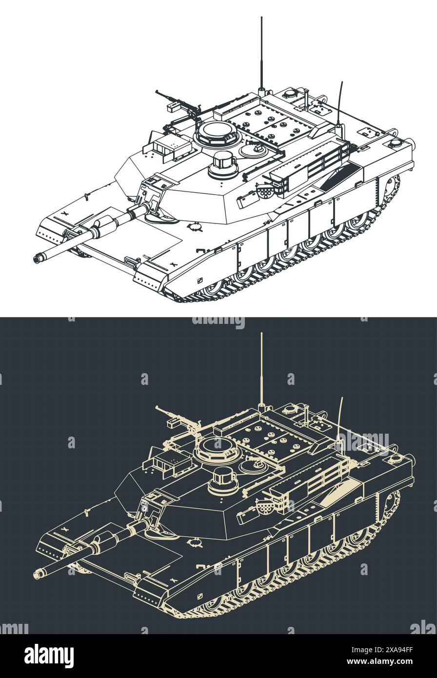 Stilisierte Vektor-Illustrationen von isometrischen Blaupausen eines Hauptkampfpanzers der US-Armee - M1 Abrams Stock Vektor