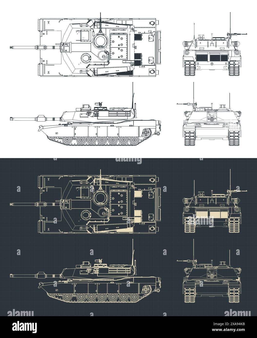 Stilisierte Vektor-Illustrationen von isometrischen Blaupausen eines Hauptkampfpanzers der US-Armee - M1 Abrams Stock Vektor