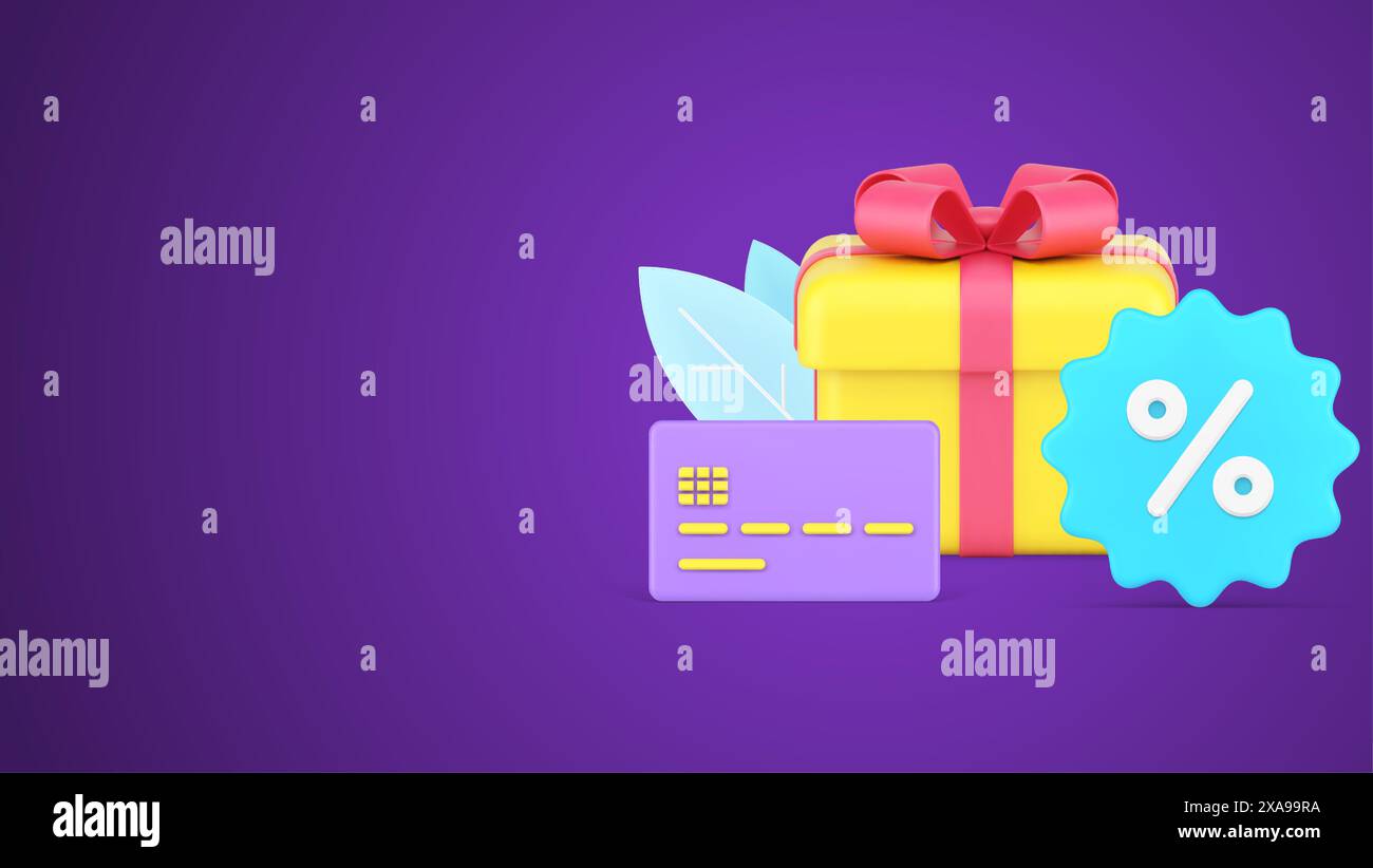 Saisonaler Verkauf, Rabatt, Black friday Concept 3D Icon isometrische Vektor-Illustration. Festliche Geschenkbox mit Schleifenband und Kreditkarte Stock Vektor