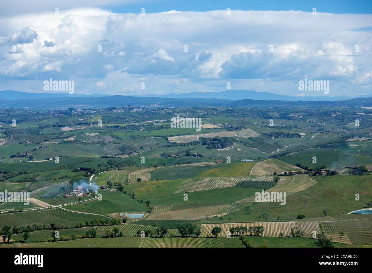 Ein wunderschöner Blick auf die klassische Landschaft in der ländlichen Toskana in Italien an einem sonnigen Tag mit grünen Feldern, Bäumen, Bauernhöfen, Häusern, blauem Himmel und atemberaubenden Hügeln. Stockfoto