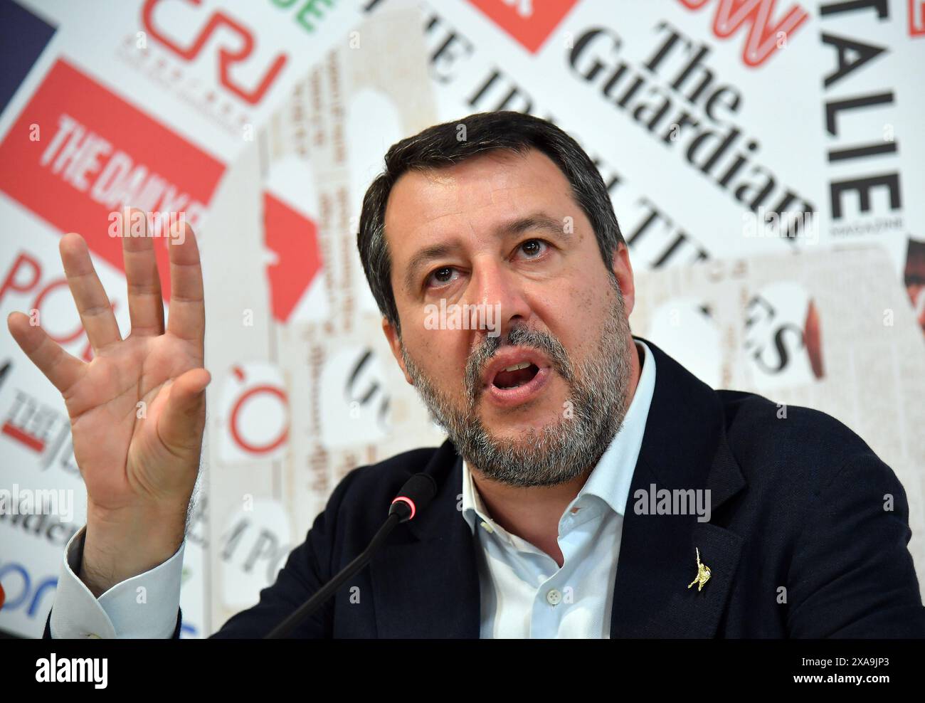 Italien, Rom, 5. Juni 2024: Matteo Salvini, Vorsitzender der Liga (Lega), während der Pressekonferenz im Hauptquartier der Auswärtigen Presse, angesichts der bevorstehenden Europawahlen. Foto © Fabio Cimaglia/Sintesi/Alamy Live News Stockfoto