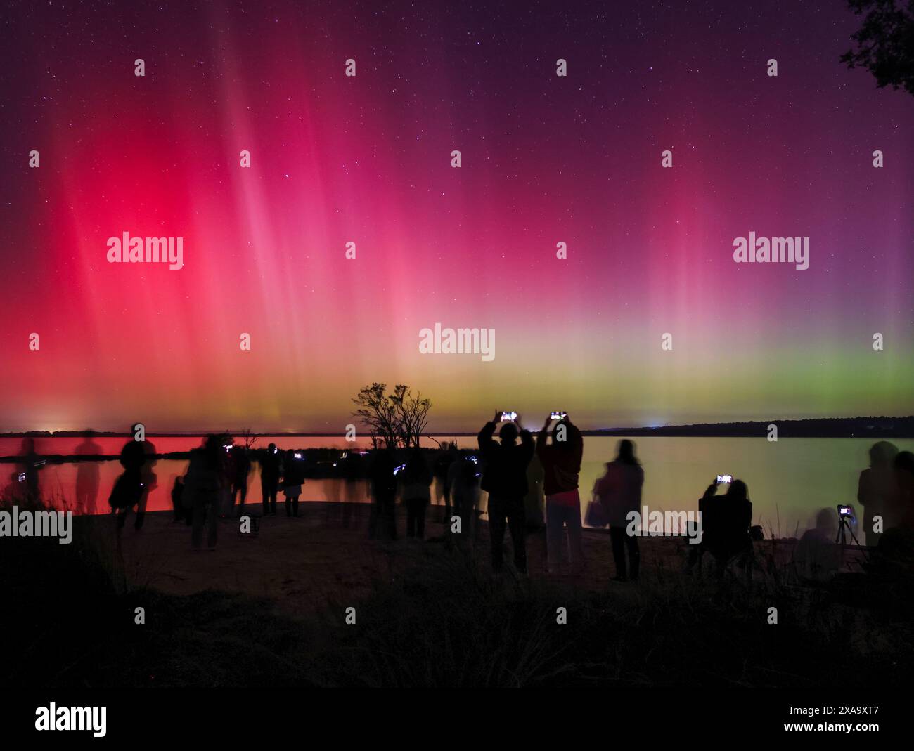 Die Nordlichter erleuchten den Himmel über einem See Stockfoto