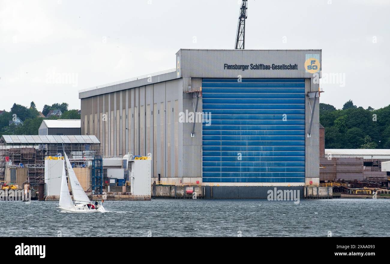Flensburg, Deutschland. Juni 2024. Blick auf die Werfthalle der Flensburger Schiffbau-Gesellschaft (FSG). Die Schiffswerften FSG und Nobiskrug haben einen neuen Geschäftsführer. Quelle: Daniel Bockwoldt/dpa/Daniel Bockwoldt/dpa/Alamy Live News Stockfoto