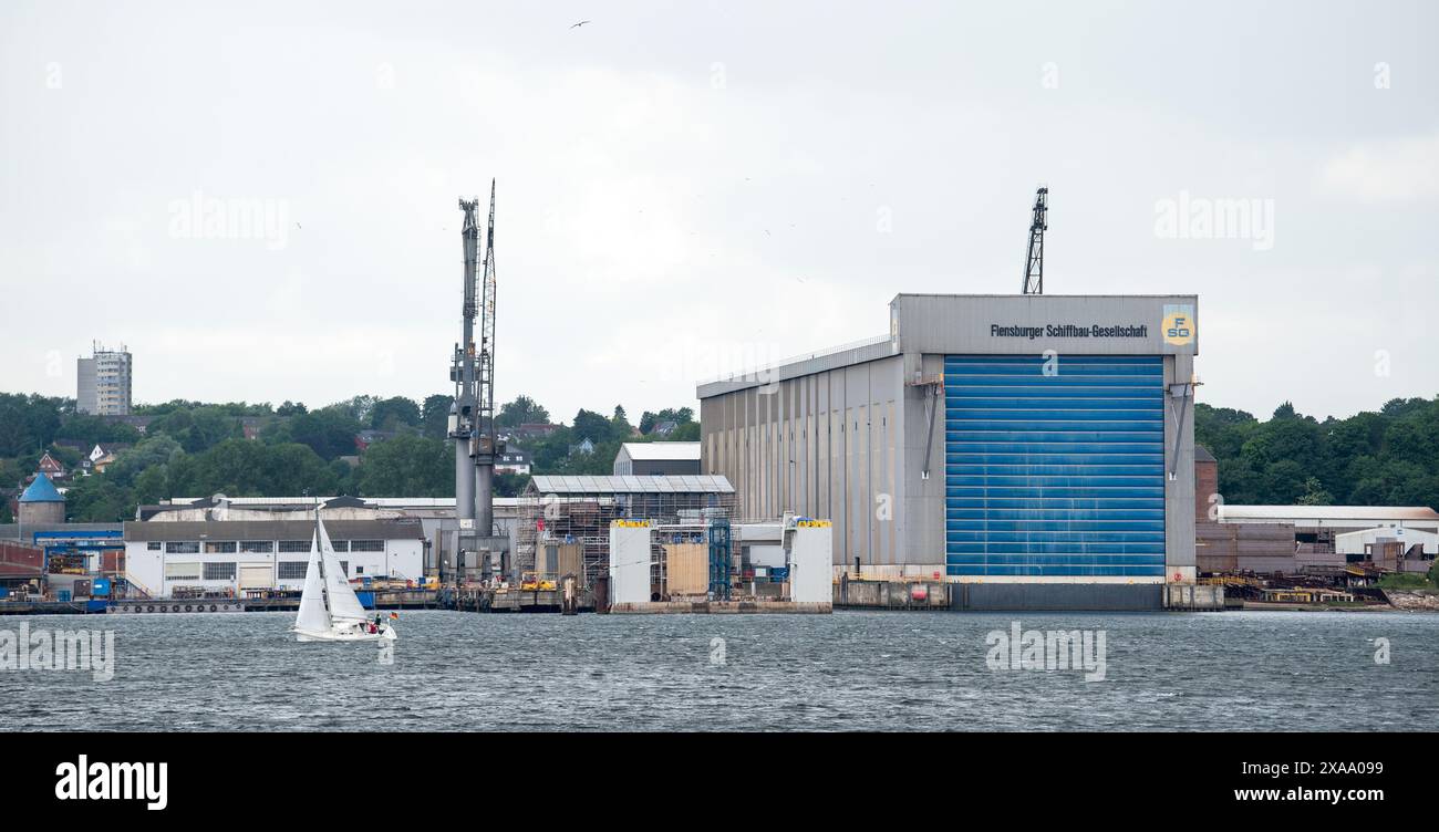 Flensburg, Deutschland. Juni 2024. Blick auf die Werfthalle der Flensburger Schiffbau-Gesellschaft (FSG). Die Schiffswerften FSG und Nobiskrug haben einen neuen Geschäftsführer. Quelle: Daniel Bockwoldt/dpa/Daniel Bockwoldt/dpa/Alamy Live News Stockfoto