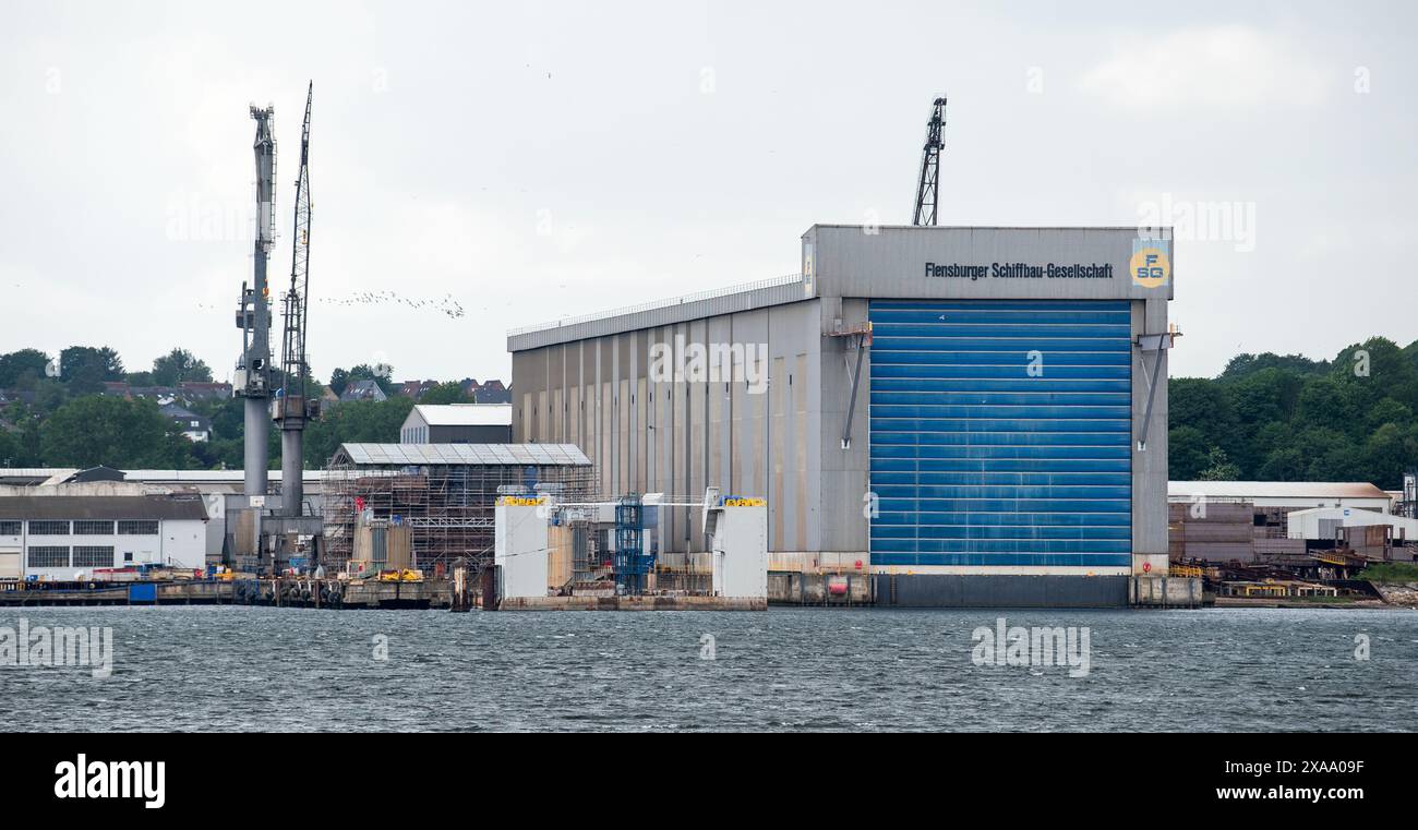 Flensburg, Deutschland. Juni 2024. Blick auf die Werfthalle der Flensburger Schiffbau-Gesellschaft (FSG). Die Schiffswerften FSG und Nobiskrug haben einen neuen Geschäftsführer. Quelle: Daniel Bockwoldt/dpa/Daniel Bockwoldt/dpa/Alamy Live News Stockfoto