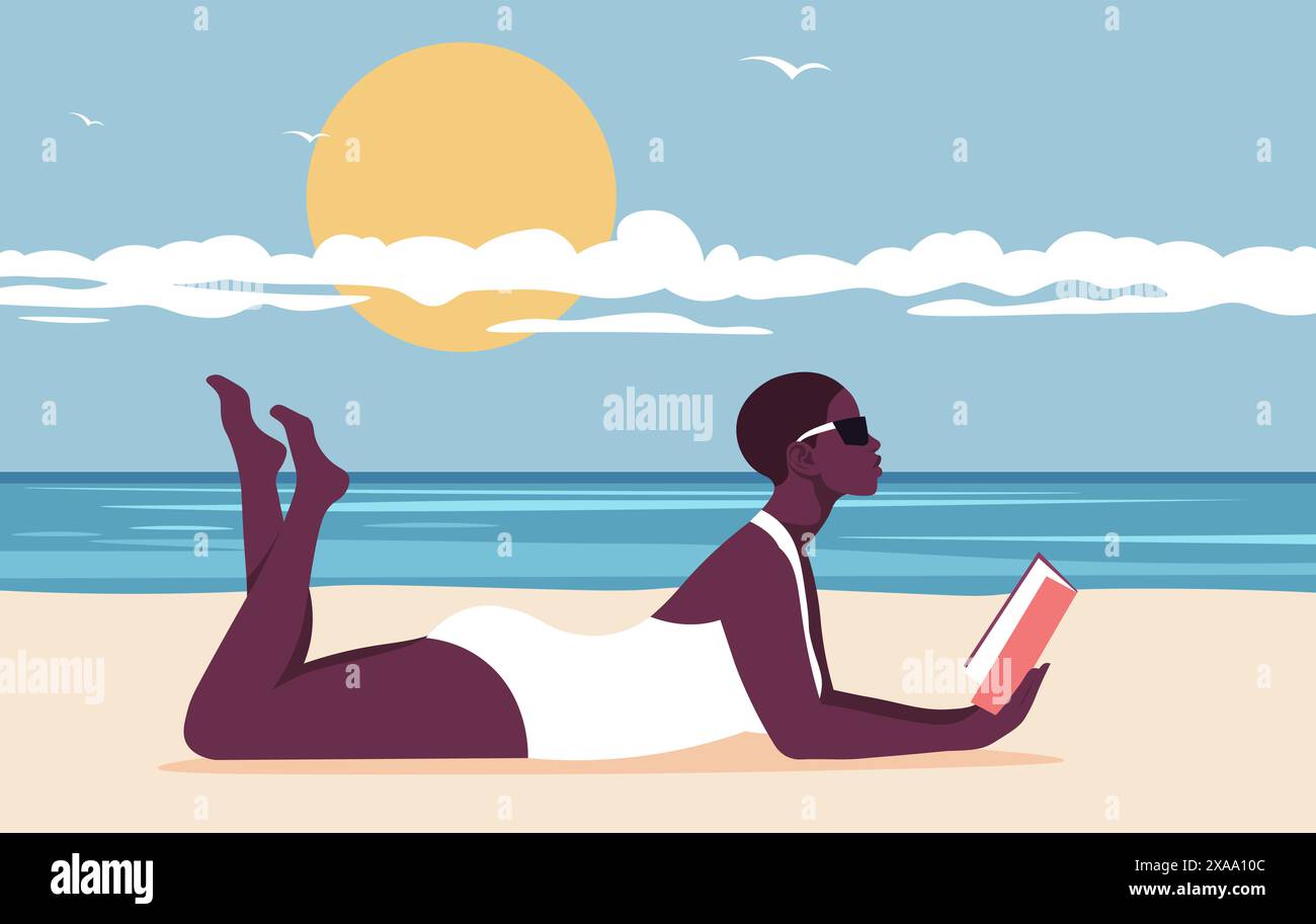 Eine Afrikanerin im Badeanzug lügt und liest ein Buch. Sommerurlaub. Illustration der Vektorabwicklung Stock Vektor