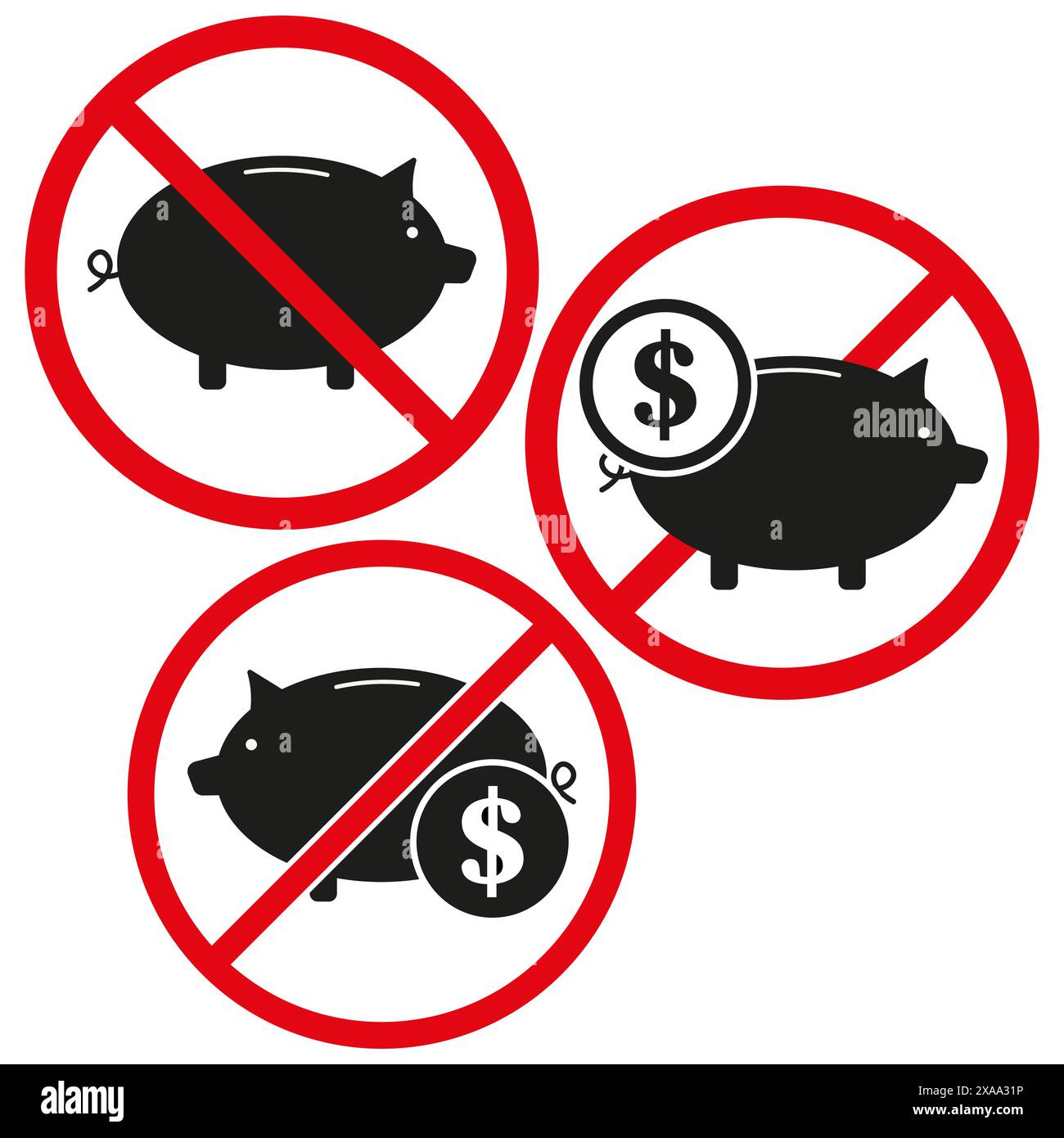 Keine Schweinebänke. Rote Verbotszeichen. Finanzielle Beschränkungen. Vektorsymbole. Stock Vektor