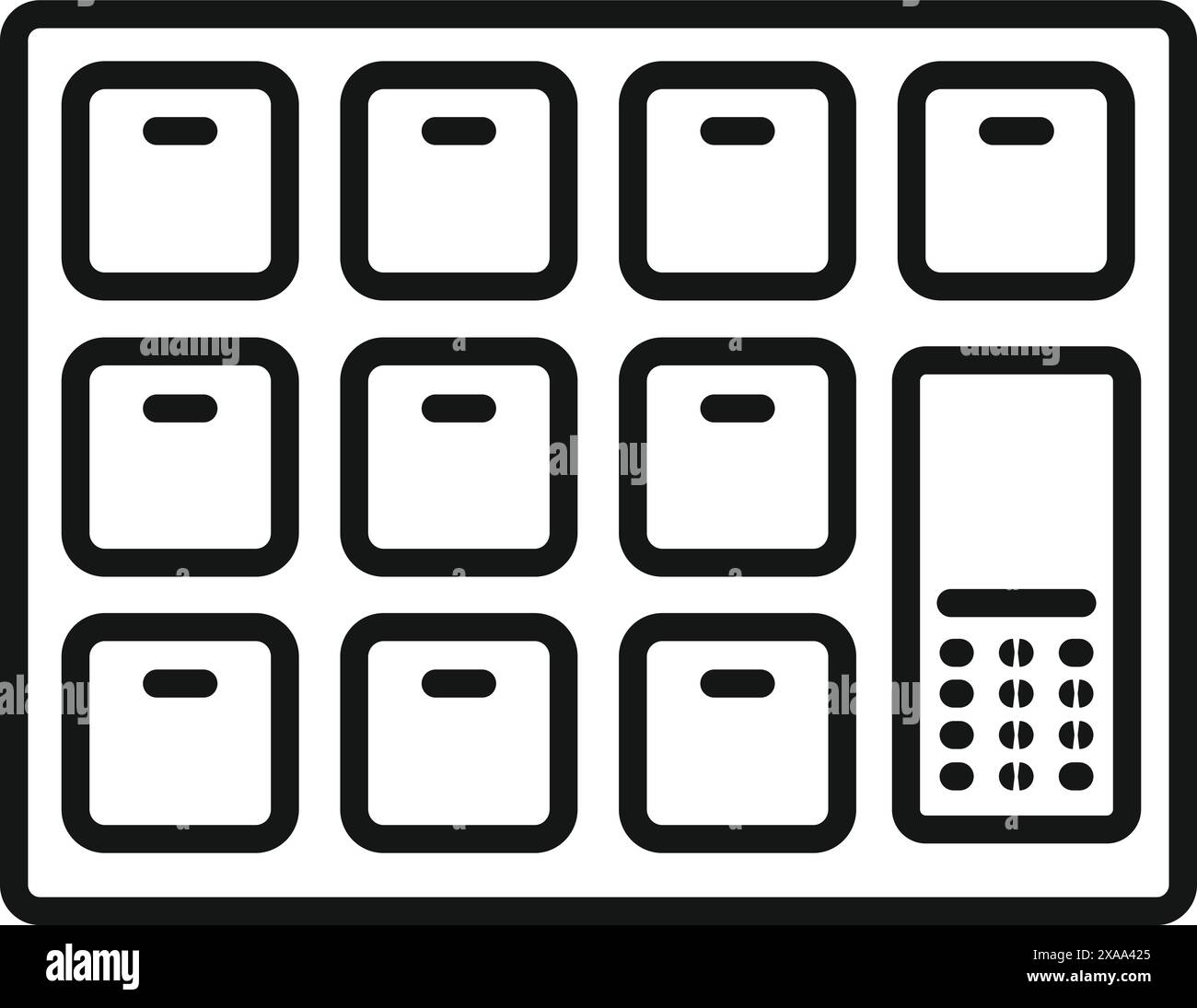Sicheres Schließfachsystem mit einzelnen Fächern und einer Tastatur zur Zugangskontrolle Stock Vektor