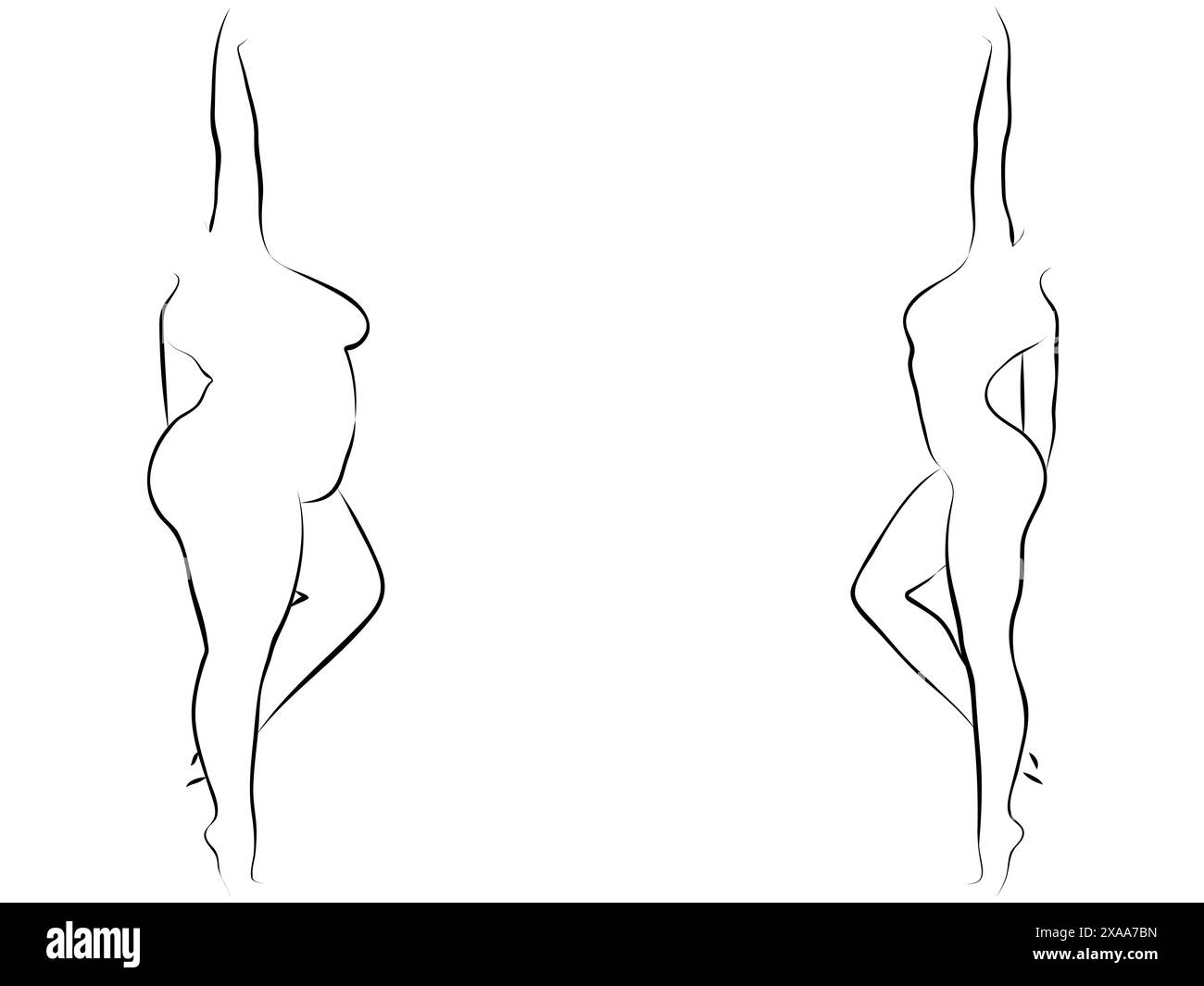 Konzeptionelle Fett übergewichtig weiblich vs schlank fit gesunden Körper nach der Gewichtsabnahme oder Ernährung mit Muskeln dünn junge Frau. 3D Illustration für Fitness Stockfoto