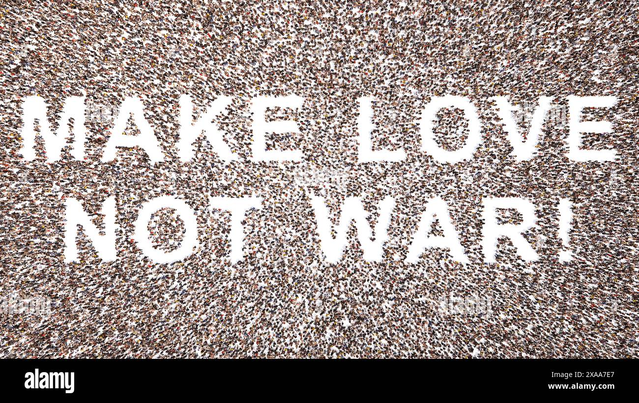 Konzept oder konzeptuelle große Gemeinschaft von Menschen bilden LIEBE NICHT KRIEG Botschaft. 3D Illustration Metapher für Freundschaft, gegenseitiges Verständnis Stockfoto