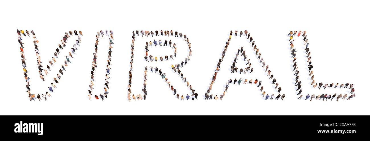 Begriffliche grosse Gemeinschaft von Menschen, die das Wort "VIRUS" bilden. metapher für 3D-Illustrationen für beliebte, Trend-, globale, kreative Inhalte, Informationen Stockfoto