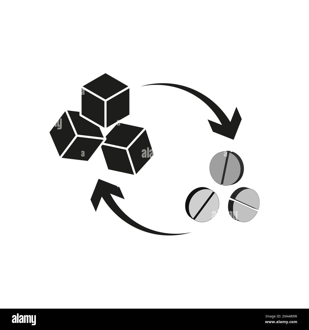 Zucker und Pillen Symbol. Würfel und Tablets. Schwarze Pfeile. Stoffwechselkonzeptvektor. Stock Vektor