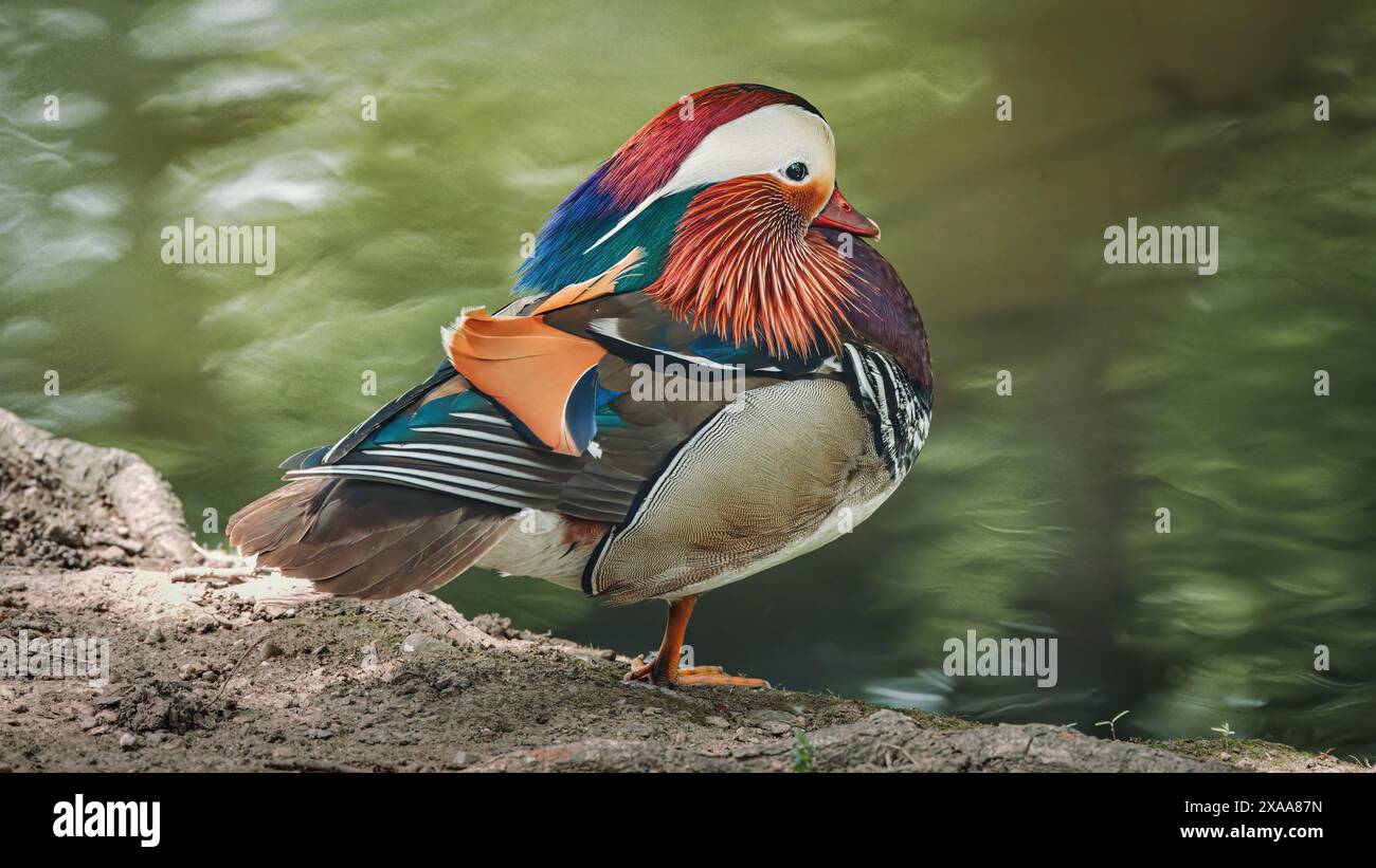 Eine Mandarinente, die auf einem Felsen in der Nähe des Wassers thront. Stockfoto