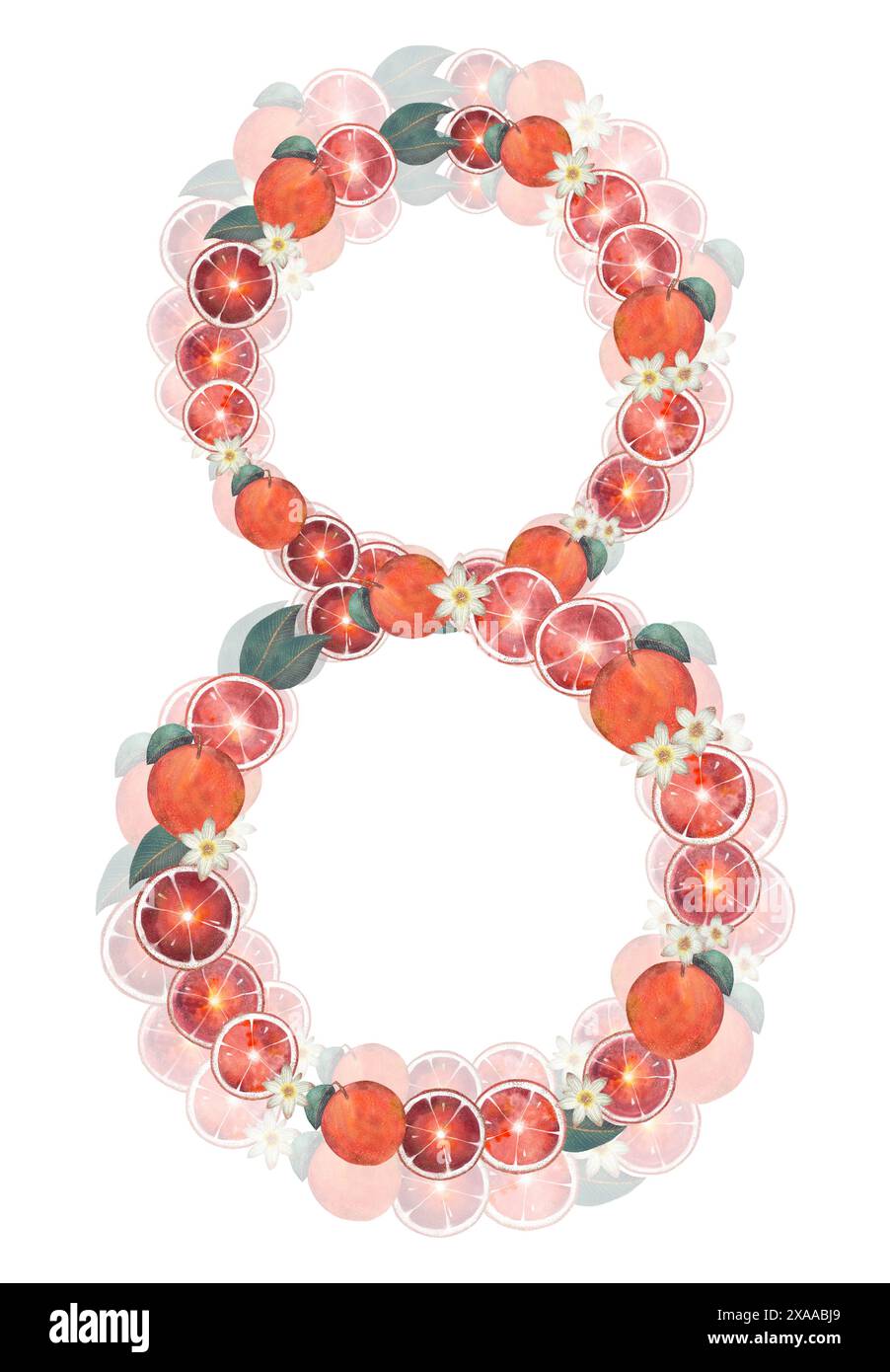 Einzigartige Illustration Nummer acht aus Früchten und floralen Elementen, geeignet für verschiedene Designzwecke, isoliertes Objekt auf weißem Hintergrund Stockfoto