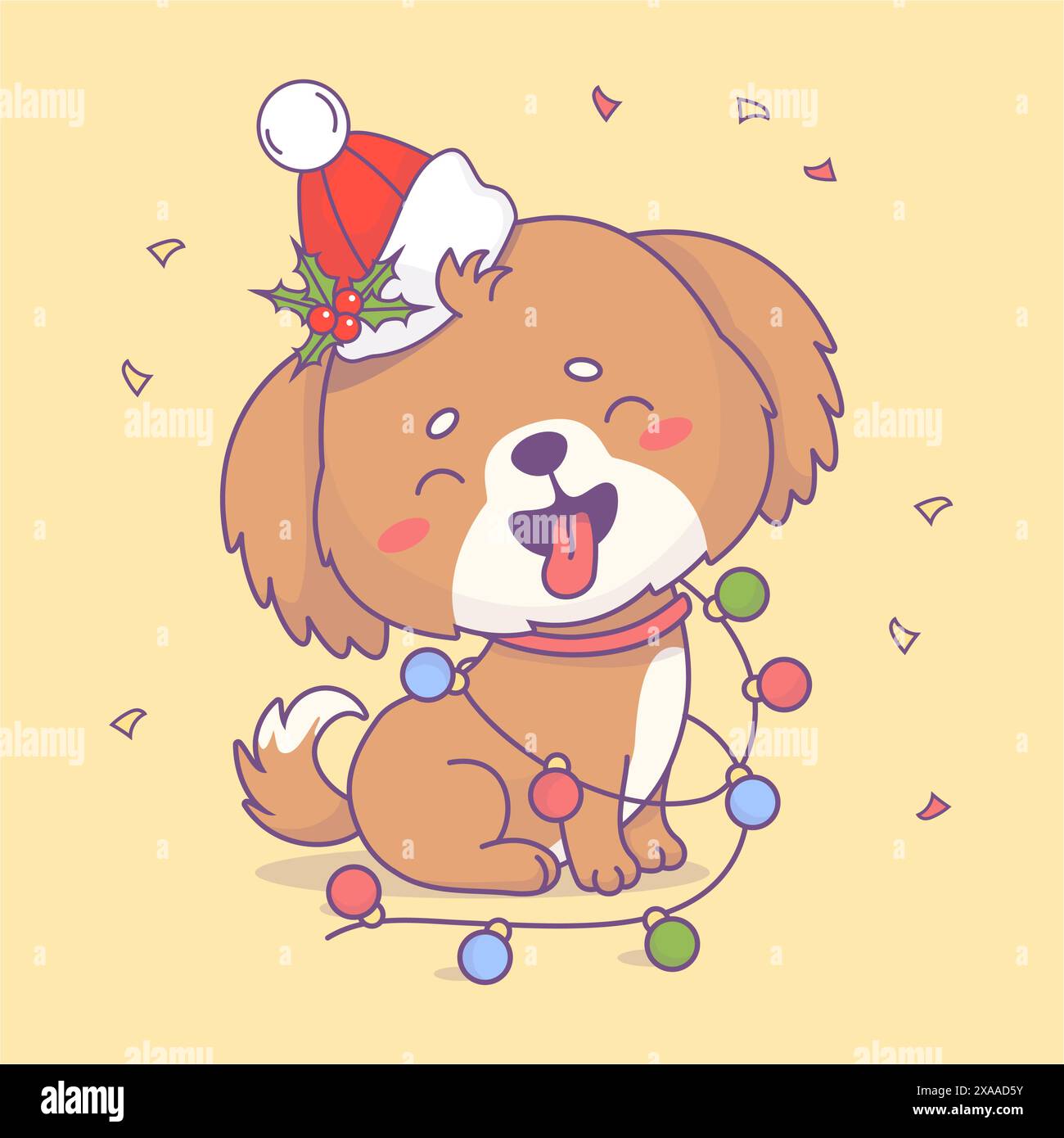 Weihnachten glücklicher Mischlingerhund mit Hut mit festlicher Girlande. Niedliches Cartoon-Kawaii-Charaktertier. Vektorabbildung. Kinderkollektion. Stock Vektor