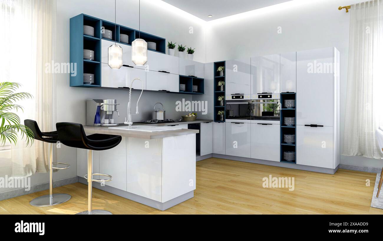 Weiße, moderne, stilvolle Küche, 3D-Rendering Stockfoto