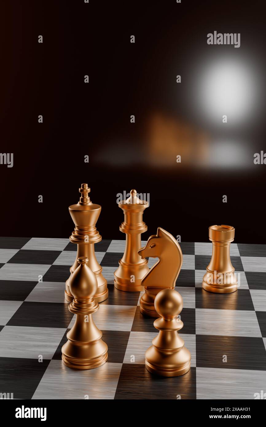 Goldene Schachfiguren auf einem schwarz-weißen Schachbrett mit verschwommenem Hintergrund. 3D-Rendering Stockfoto