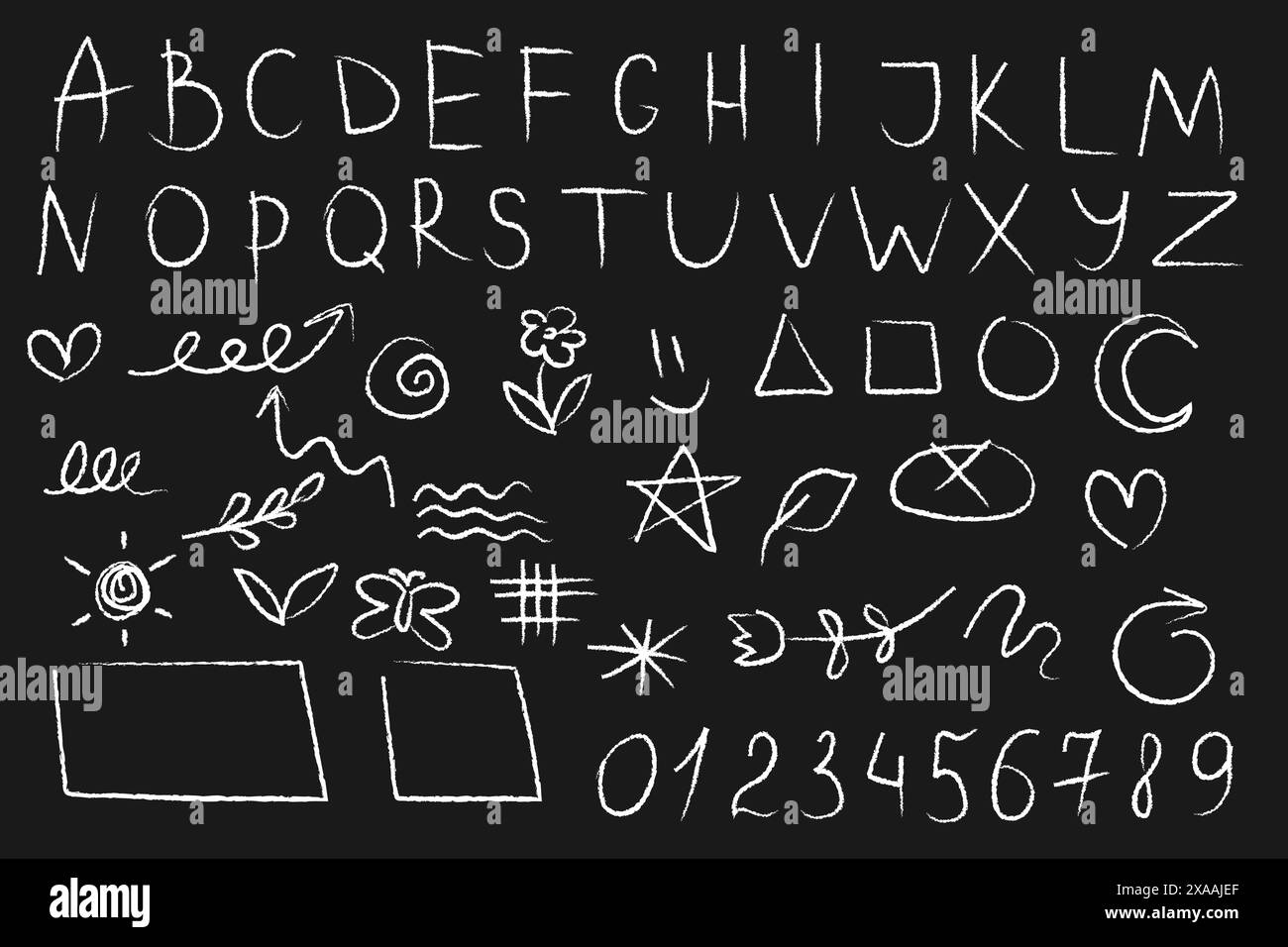 Zeichnungen in Kohle, Kreide oder Wachsstift auf Tafel. Buchstaben, Zahlen, Kinderzeichnungen. Stock Vektor
