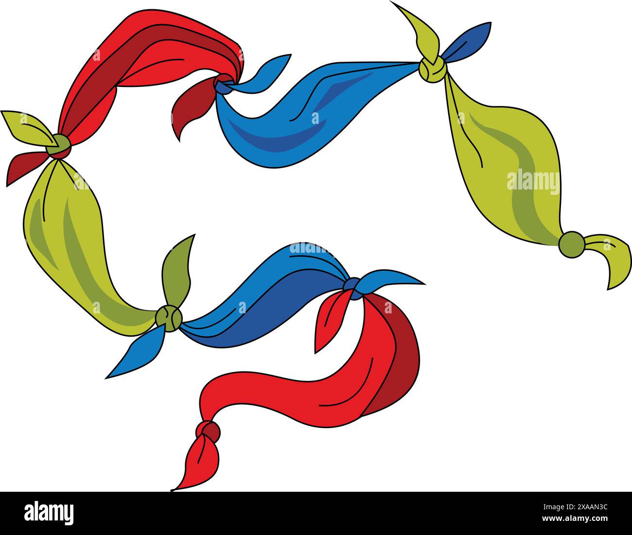 Set aus hellroten, blauen und grünen Cartoon Bandana Knoten isoliert auf weißem Hintergrund Stock Vektor