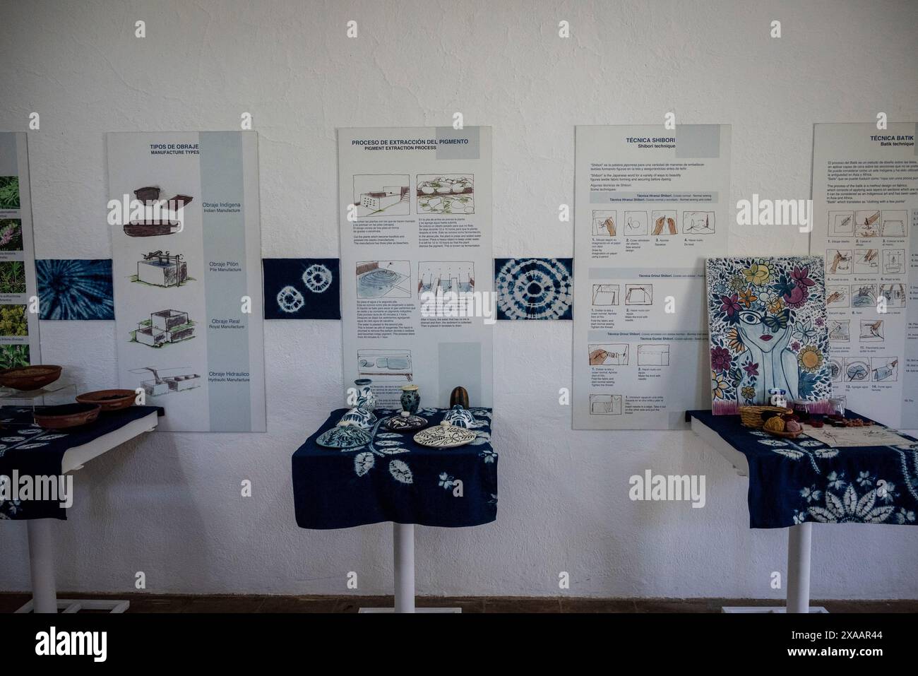 Indigo Färbewerkstatt, wo der gesamte Prozess des Anbaus von Indigo-Pflanze bis zur Herstellung des Endprodukts gelehrt wird, Casa Blanca archäologische Stätte, Chalc Stockfoto