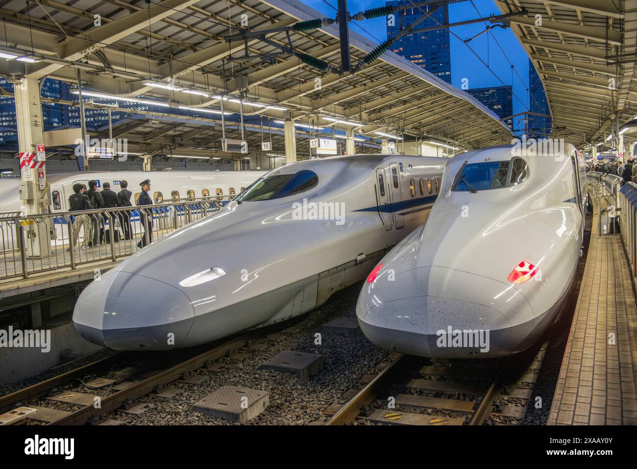 Zwei Hochgeschwindigkeitszüge, Bahnhof Shinkanzen, Tokio, Honshu, Japan, Asien Stockfoto