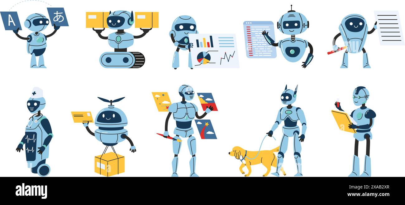 Roboter bei der Arbeit. Bots für Übersetzung, Paketzustellung oder Postzustellung, Programmieraufgaben, medizinische Hilfe, Datenanalyse und -Forschung, generative Kunst Stock Vektor