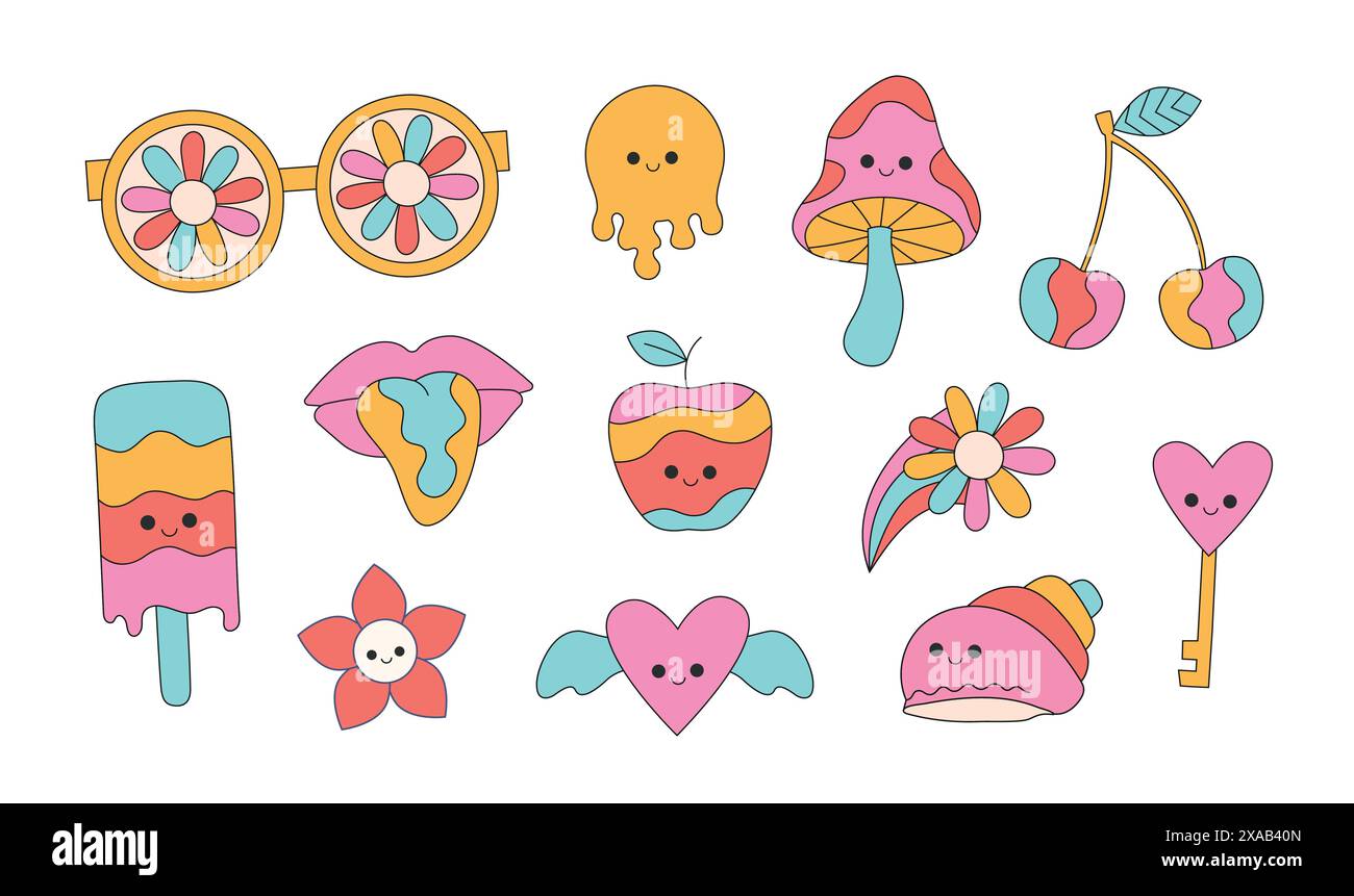 Heller grooviger Hippie 70er Jahre Stil psychedelische Pilze, Gläser, Kirsche, Eis, Blume. Stock Vektor