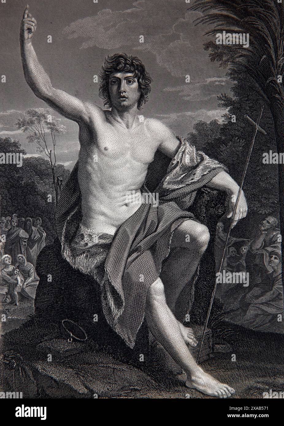 Holzgravierung des heiligen Johannes des Täufers in der Wildnis (Johannesevangelium) aus der antiken, illustrierten Familienbibel des 19. Jahrhunderts Stockfoto