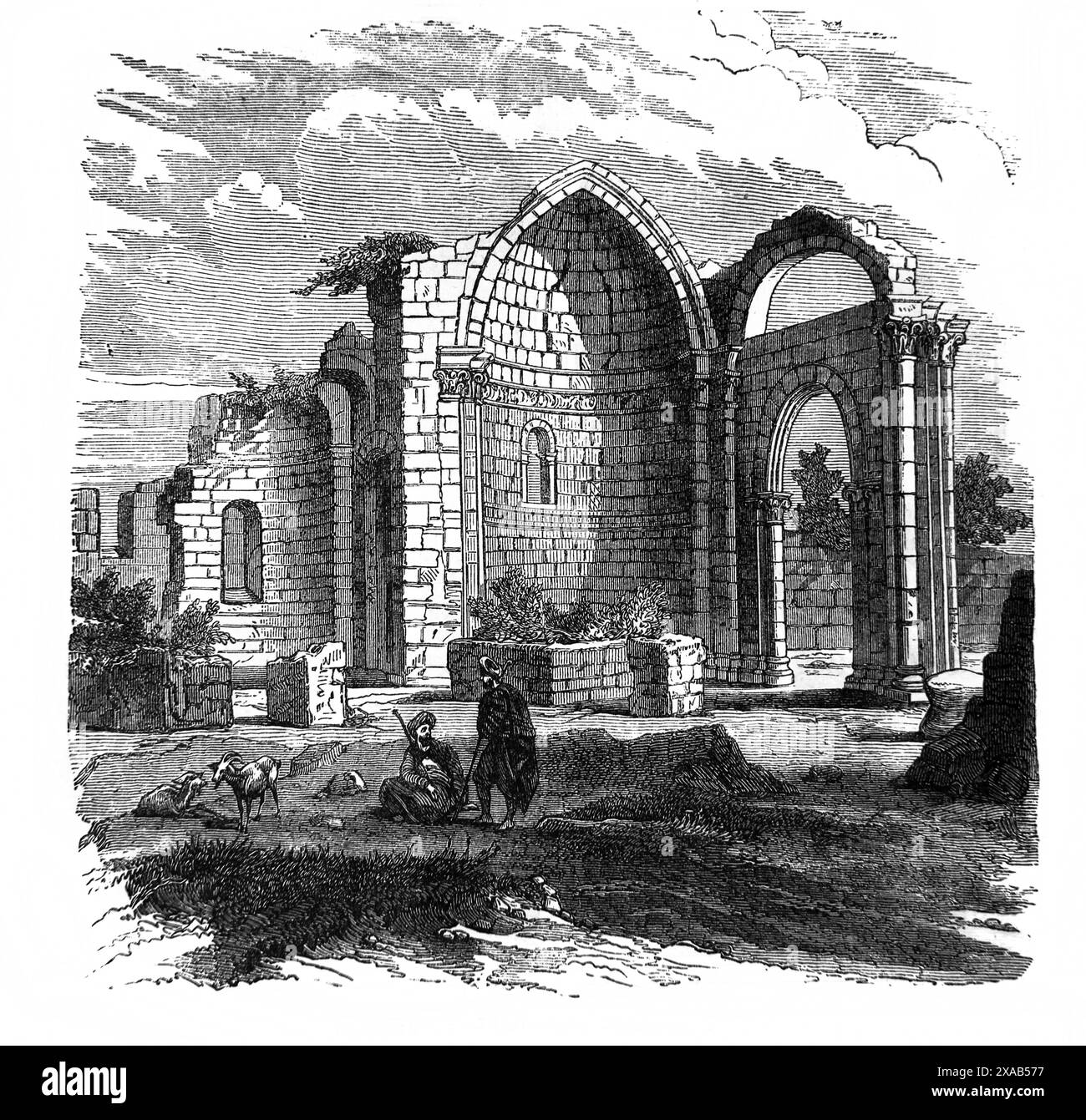 Holzgravierung der Ruinen der Kirche St. George Lydda (Lod), wo St. George aus der antiken illustrierten Familienbibel aus dem 19. Jahrhundert begraben ist Stockfoto