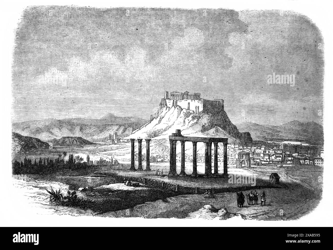 Holzgravur der Stadt Athen und der Akropolis eine der Städte, in denen Paulus auf seiner ersten Missionsreise aus dem Antiken 19. Jahrhundert predigte Stockfoto