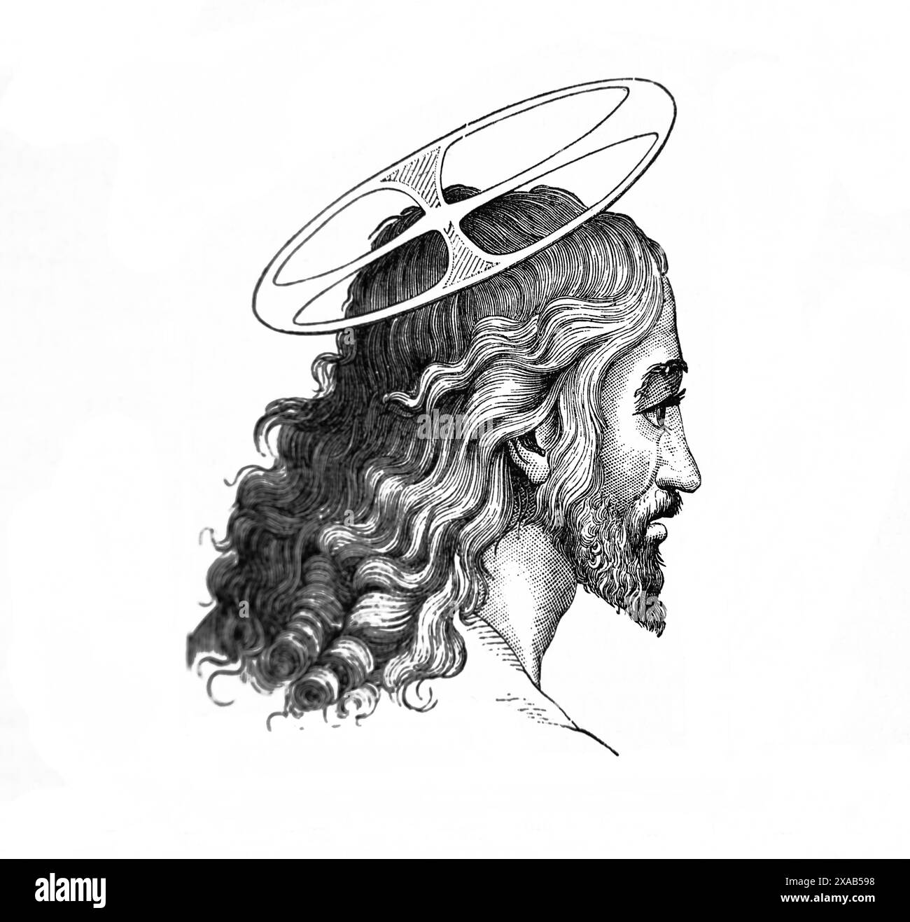 Holzgravierung des Kopfes Jesu Christi mit Halo aus dem wunderbaren Fischen von Raffaelle in antikem 19. Jahrhundert illustrierte Familienbrot Stockfoto