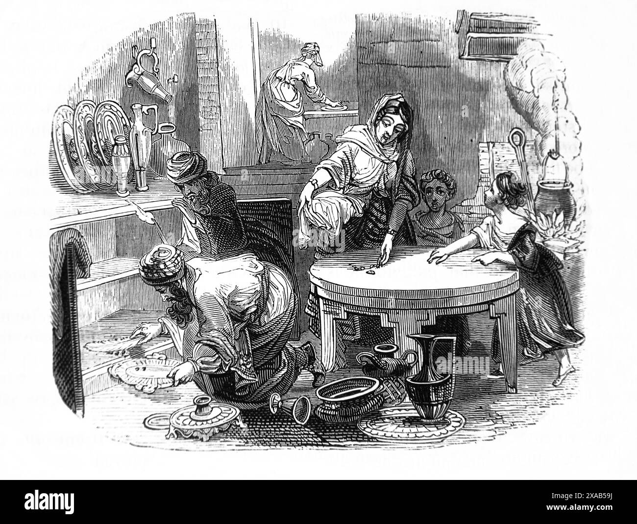 Holzgravur Einer jüdischen Familie Säuberung der alten Leaven (Bild) aus Korinther 5,7 „Säubern Sie aus, darum die alte Leaven, dass Sie ein neuer Lu sein mögen Stockfoto