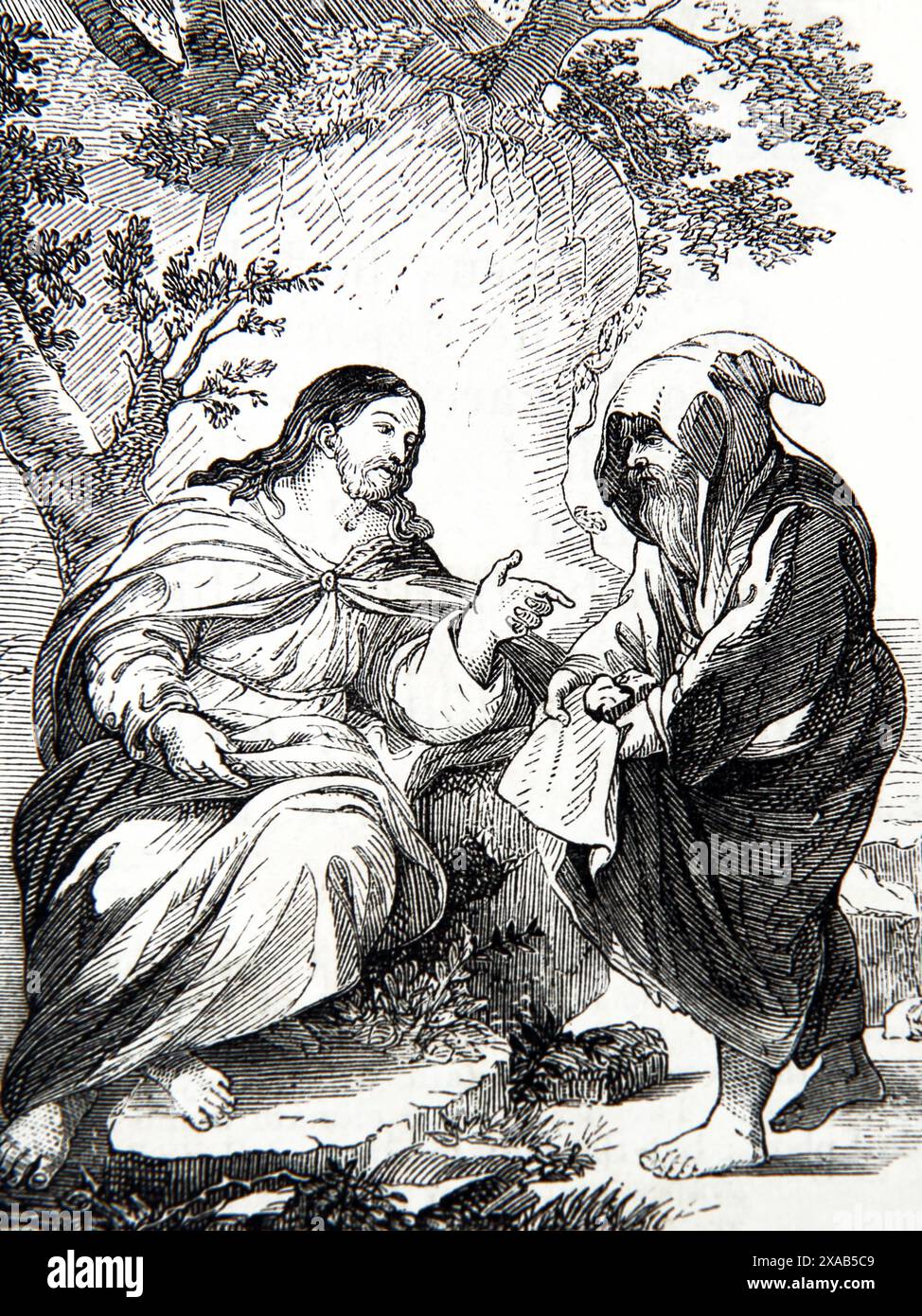 Holzgravierung der Versuchung durch Girodano nach der Taufe Jesu Christi fastete er 40 Tage und Nächte, als der Teufel zu ihm kam und befahl Stockfoto