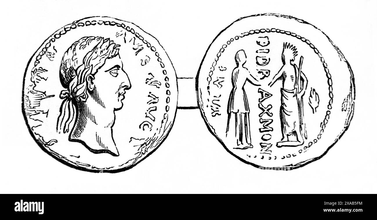 Holzgravur der griechischen Didrachme mit dem Kaiser Nerva aus dem 19. Jahrhundert illustrierte Familienbibel Stockfoto