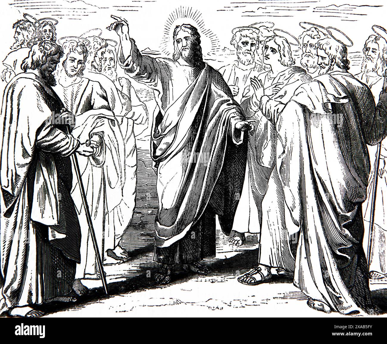 Holzgravur Jesu Christi, die zwölf Apostel aussendet, um das Wort aus der Malerei von Schnorr (Matthäus) Neues Testament aus dem antiken 19. Jahrhundert zu verbreiten Stockfoto