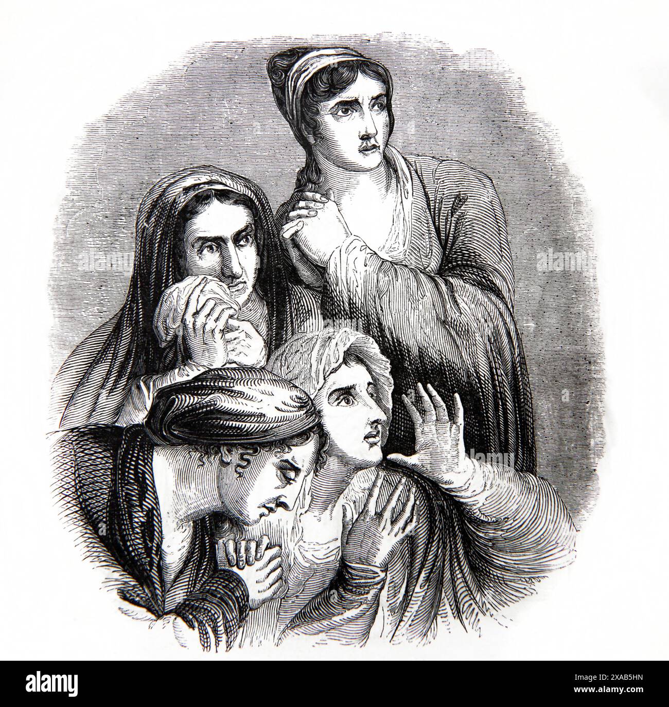 Holzstich der Frauen an der Kreuzigung aus der antiken Familienbibel des 19. Jahrhunderts Stockfoto